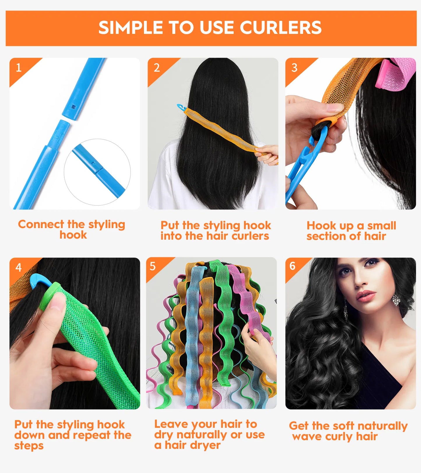 Heatless Hair Curlers Wave Styling Kit - 30 Pcs, 6 Colors 55cm (21.65 inches)