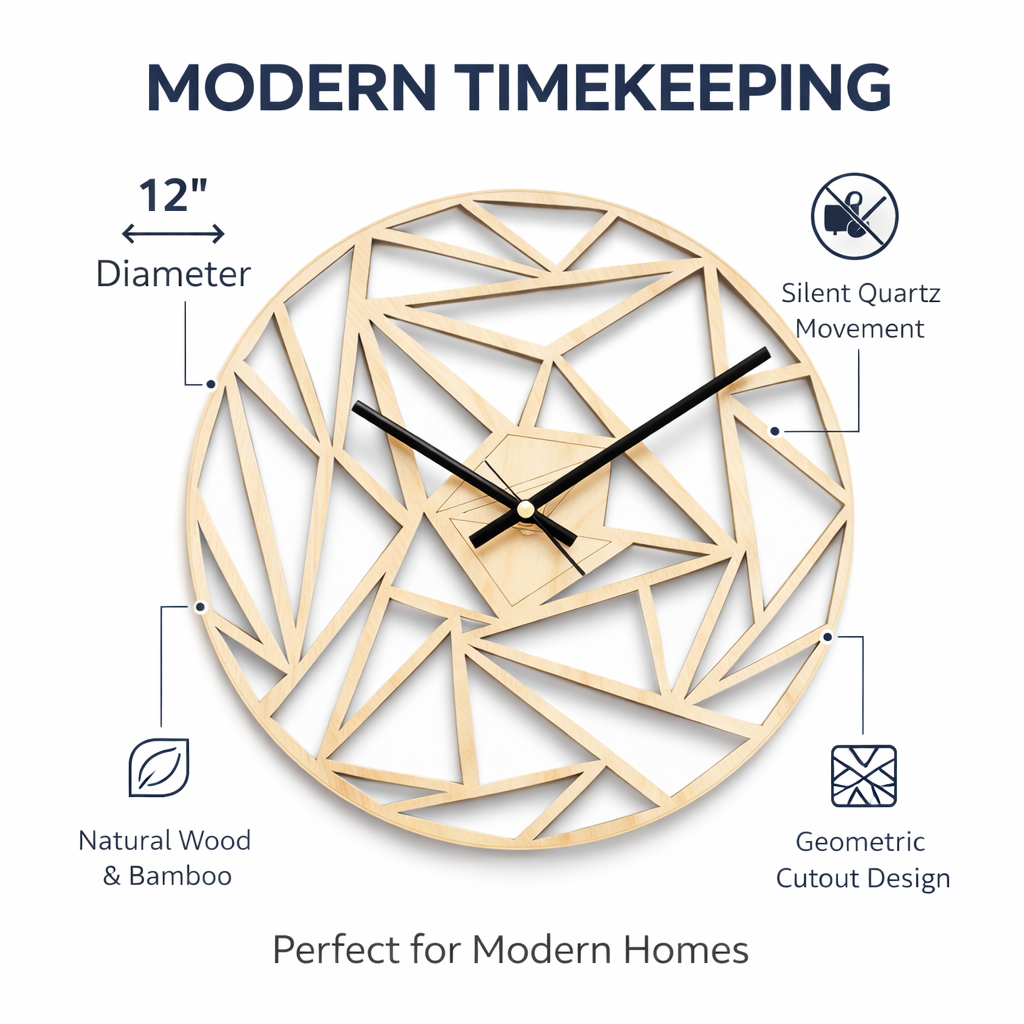Geometric Pattern Wall Clock - 12" Modern Wooden Silent Quartz
