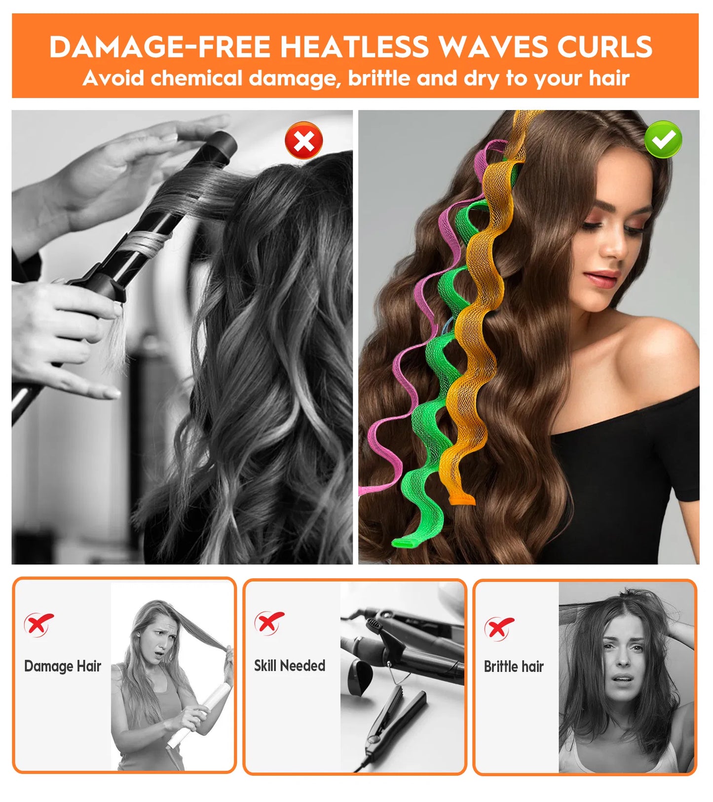 Heatless Hair Curlers Wave Styling Kit with Hooks - 30 Pcs, 6 Colors 30cm (11.81 inches)