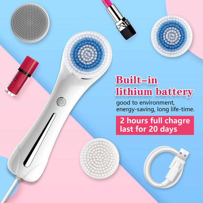3-in-1 Facial Cleansing Brush - IPX7 Waterproof, Rechargeable, 4 Brush Heads