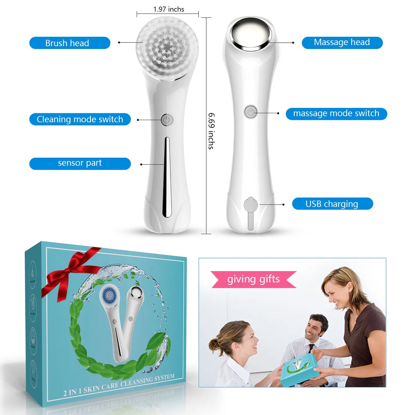 3-in-1 Facial Cleansing Brush - IPX7 Waterproof, Rechargeable, 4 Brush Heads