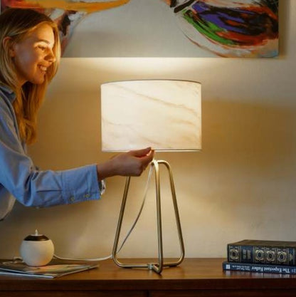 Marble Table Lamp - Modern Cylindrical Shade with Bronze Base & Inline Switch