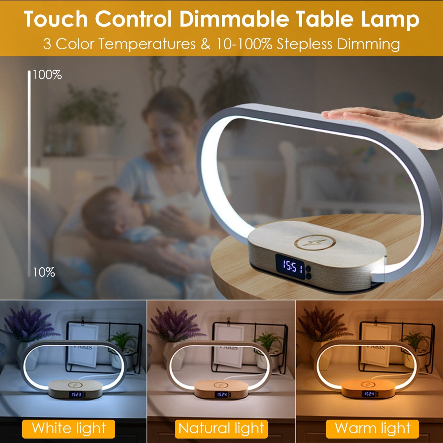 Bedside Table Lamp with Wireless Charging & Clock - Touch Control LED Desk Light