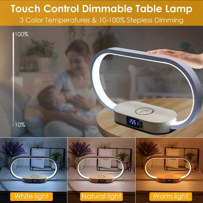 Bedside Table Lamp with Wireless Charging & Clock - Touch Control LED Desk Light