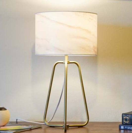 Marble Table Lamp - Modern Cylindrical Shade with Bronze Base & Inline Switch