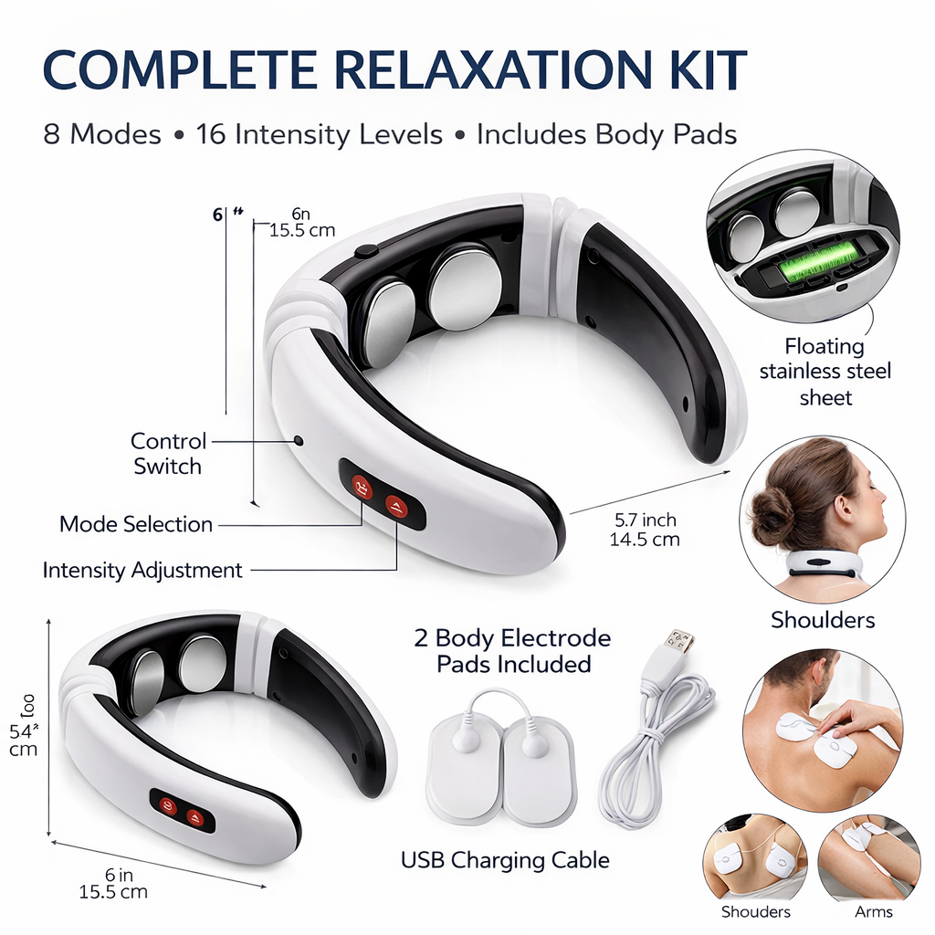 Electric Pulse Neck Massager - 8 Modes, 16 Intensity Levels & Body Pads