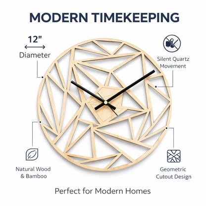 Geometric Pattern Wall Clock - 12" Modern Wooden Silent Quartz