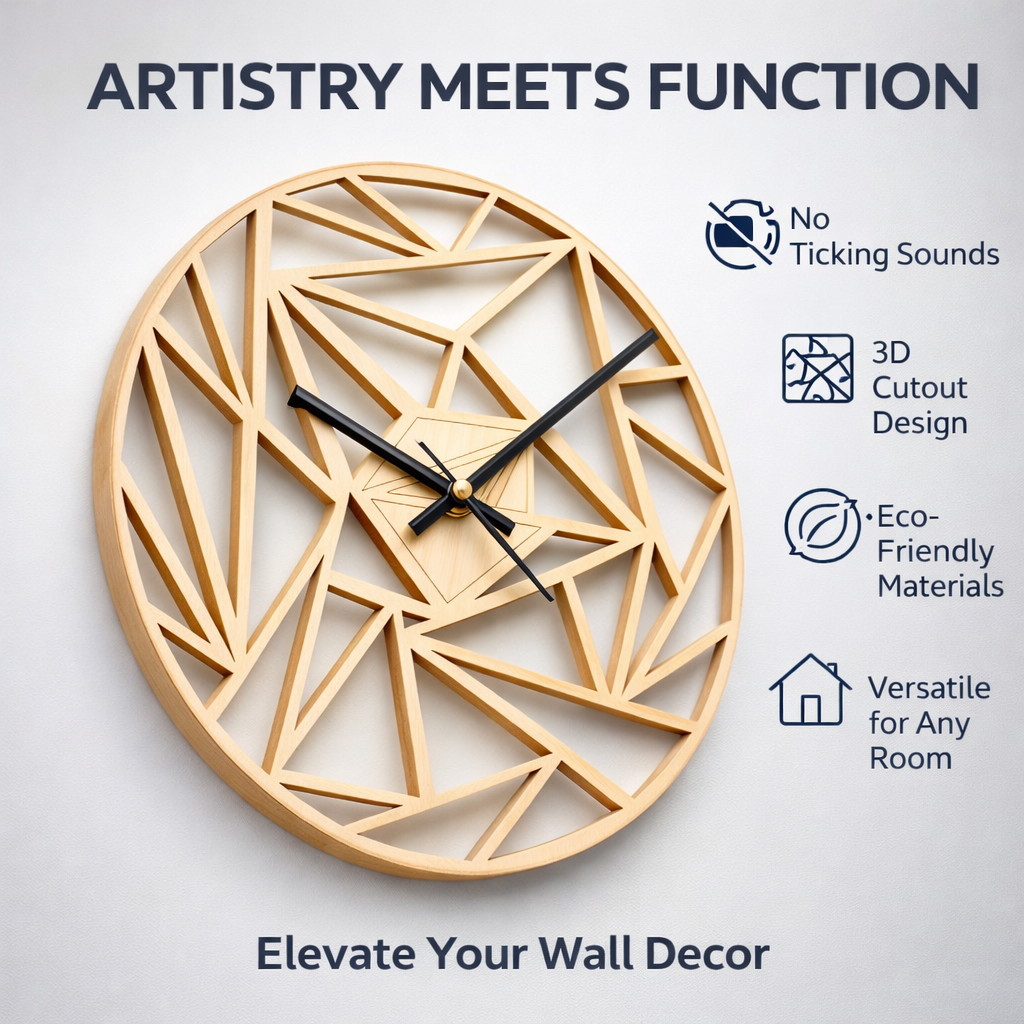 Geometric Pattern Wall Clock - 12" Modern Wooden Silent Quartz