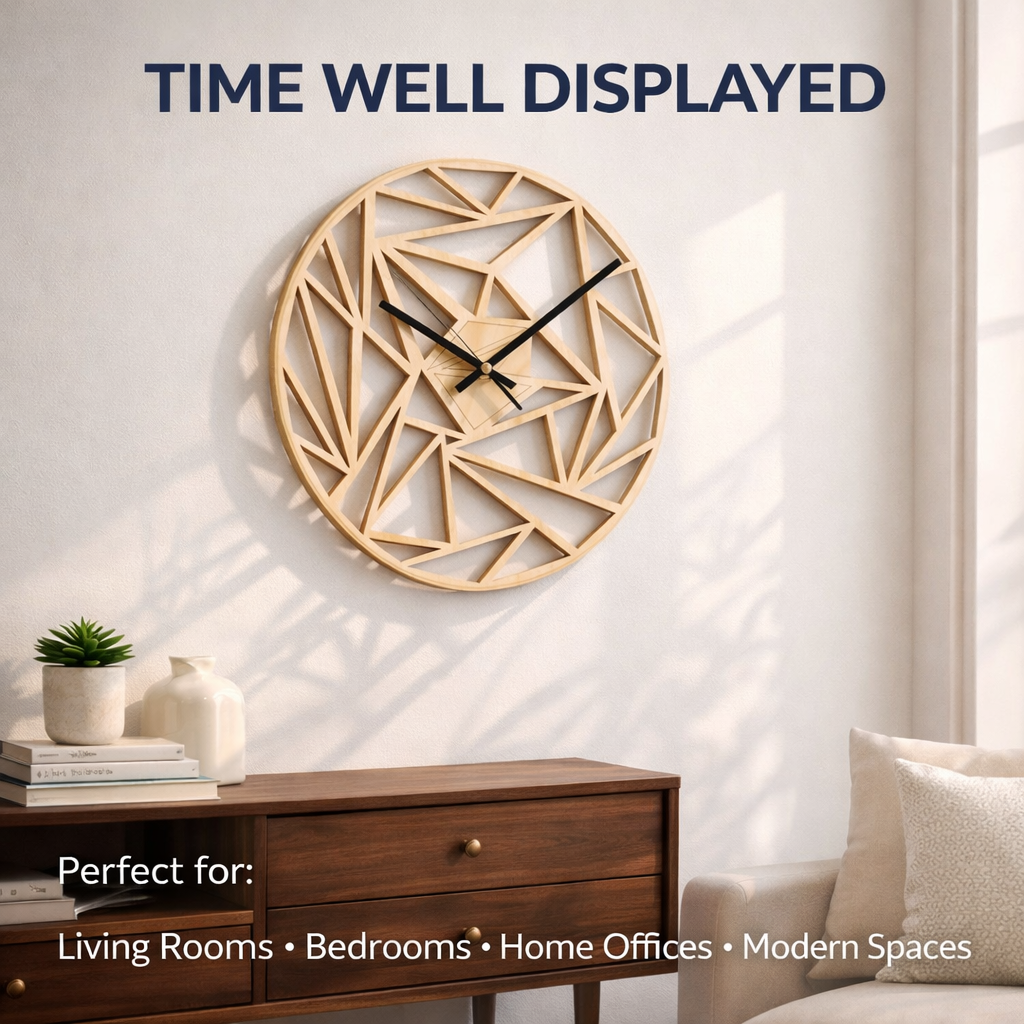 Geometric Pattern Wall Clock - 12" Modern Wooden Silent Quartz