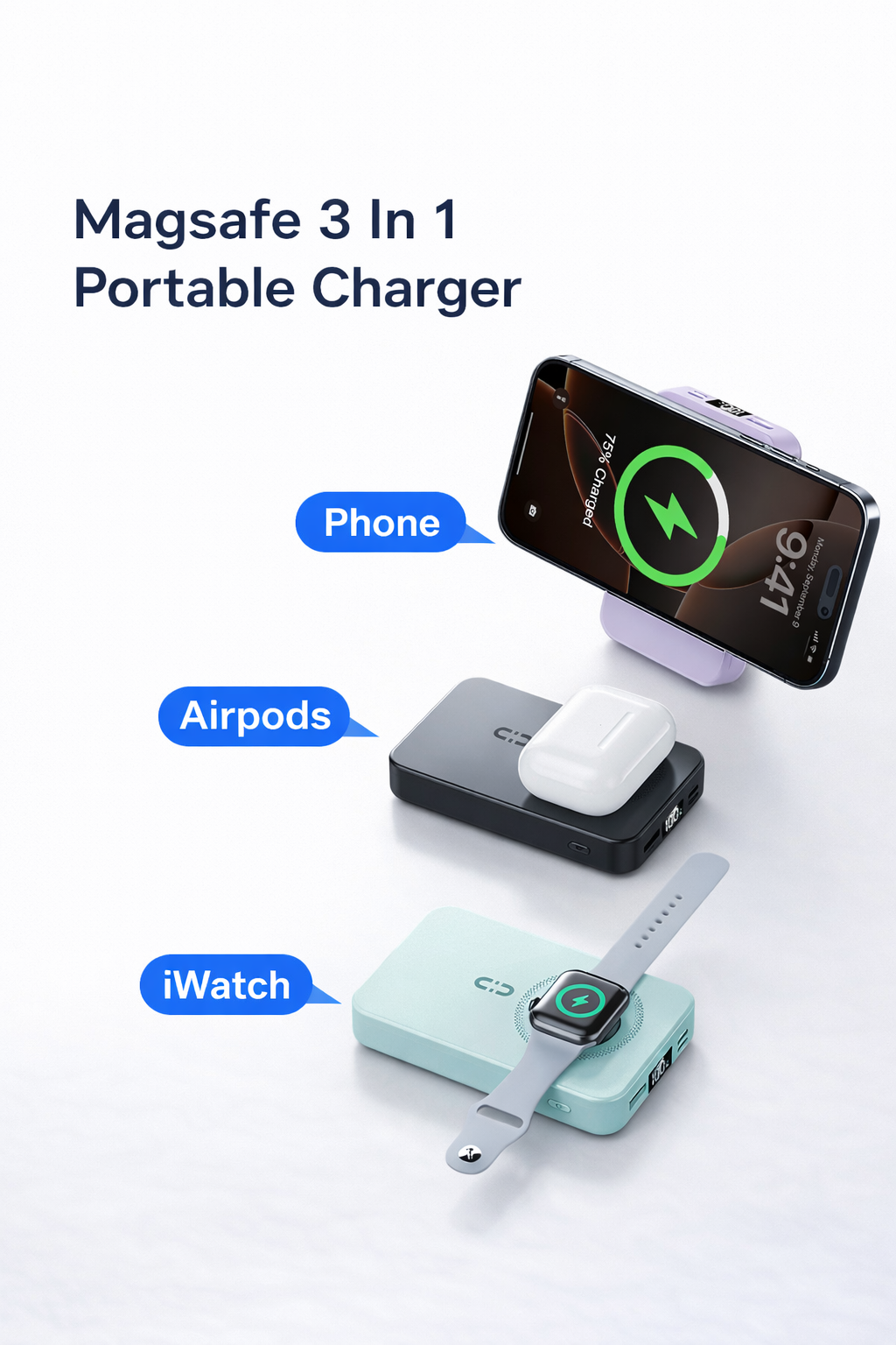 MagSafe Power Bank with Built-In Cables & Stand - 10,000mAh, 20W Fast Charging