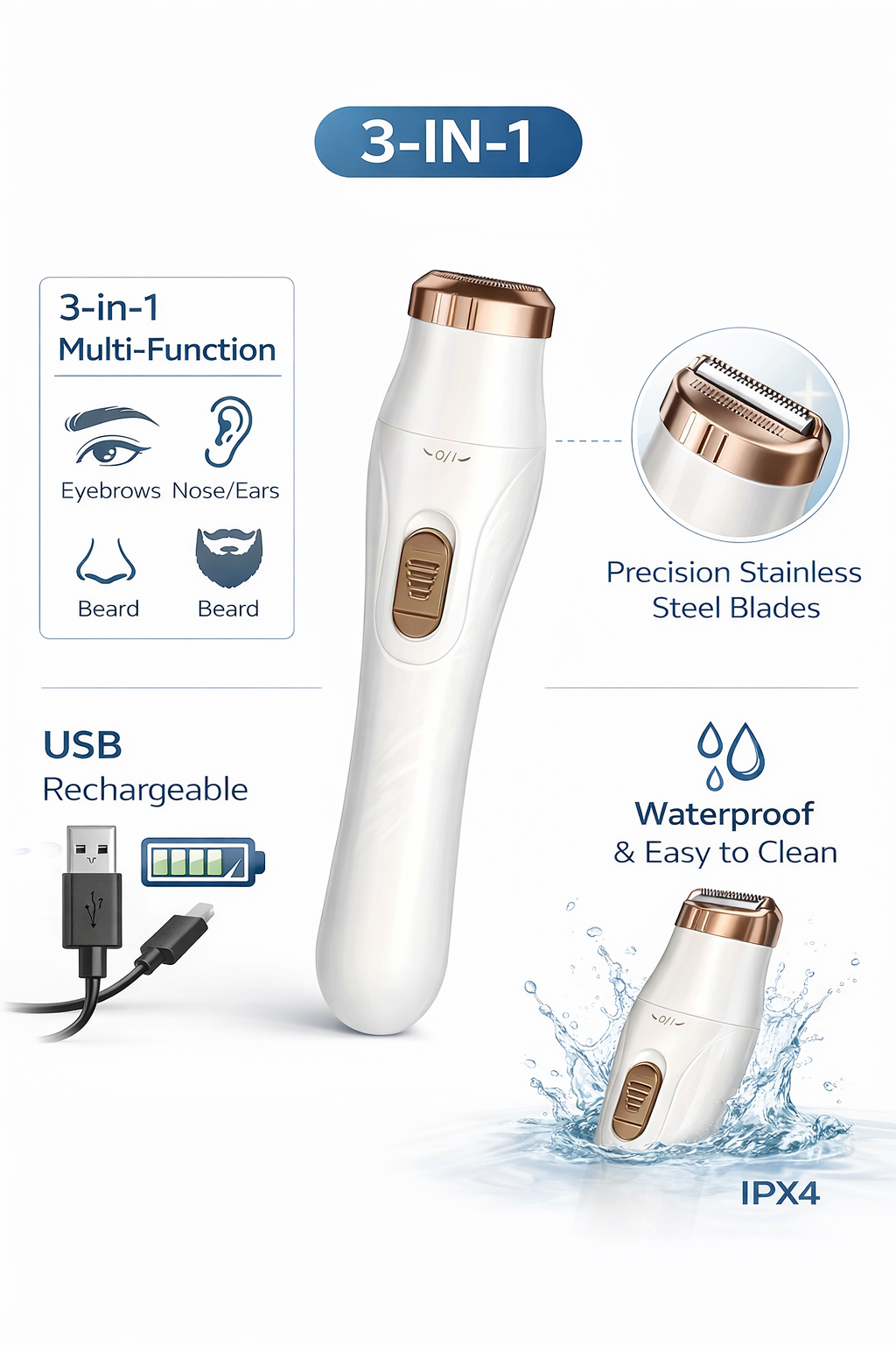 3-in-1 USB Rechargeable Trimmer - Eyebrow, Nose, Ear & Beard