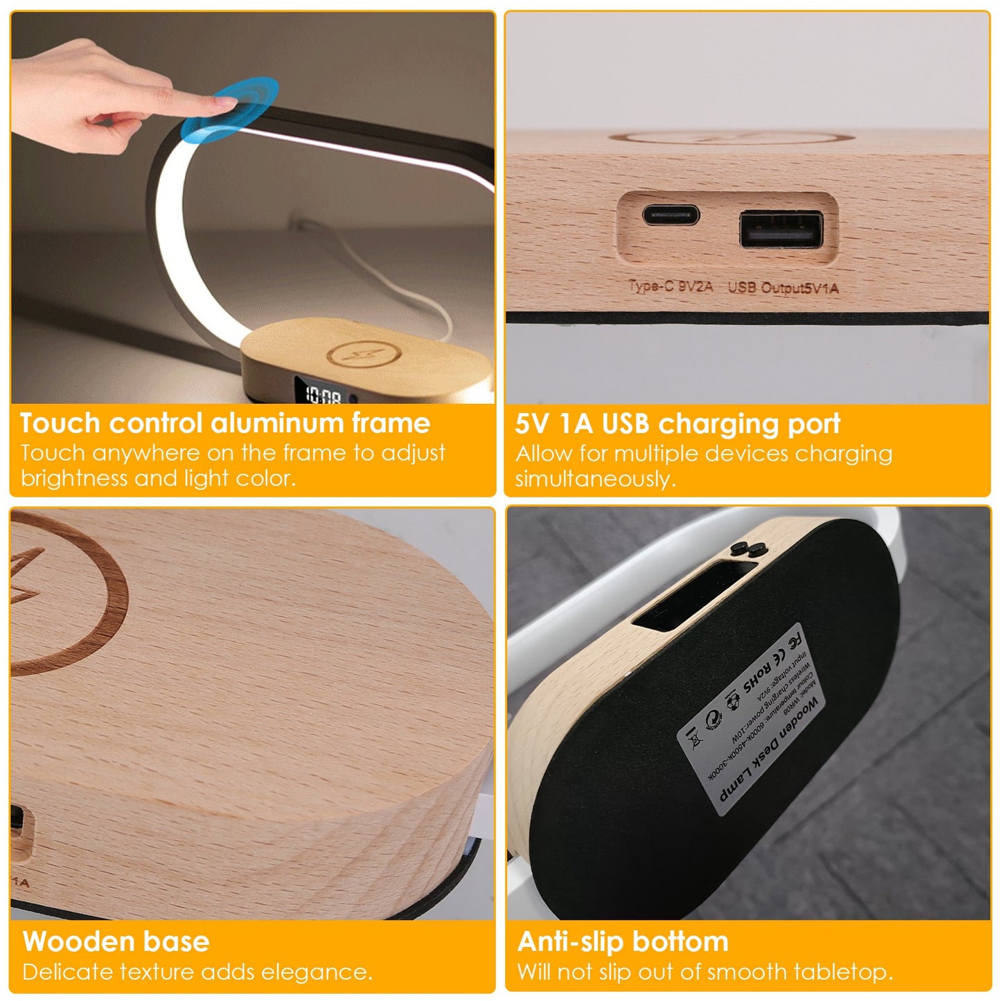 Bedside Table Lamp with Wireless Charging & Clock - Touch Control LED Desk Light