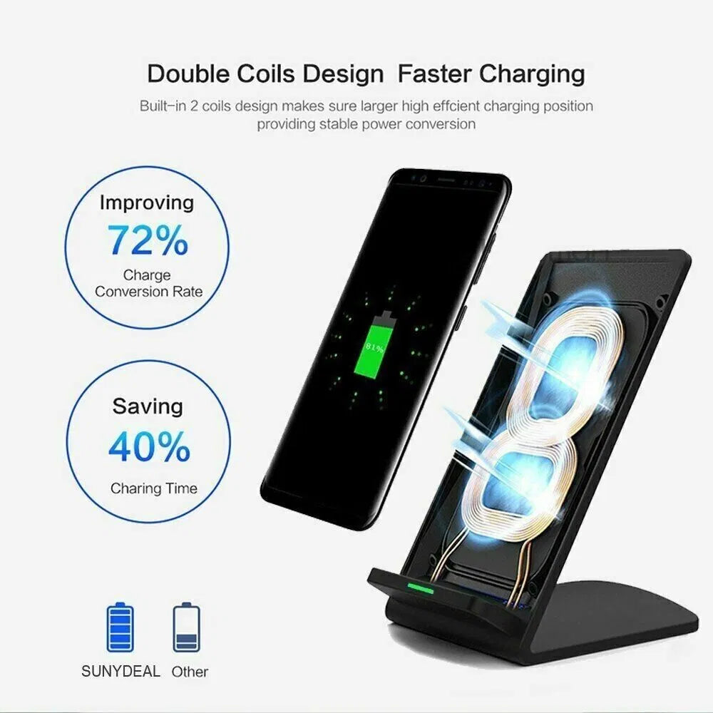 15W Qi Wireless Fast Charger Stand - Dual Coil Charging Pad for iPhone & Samsung