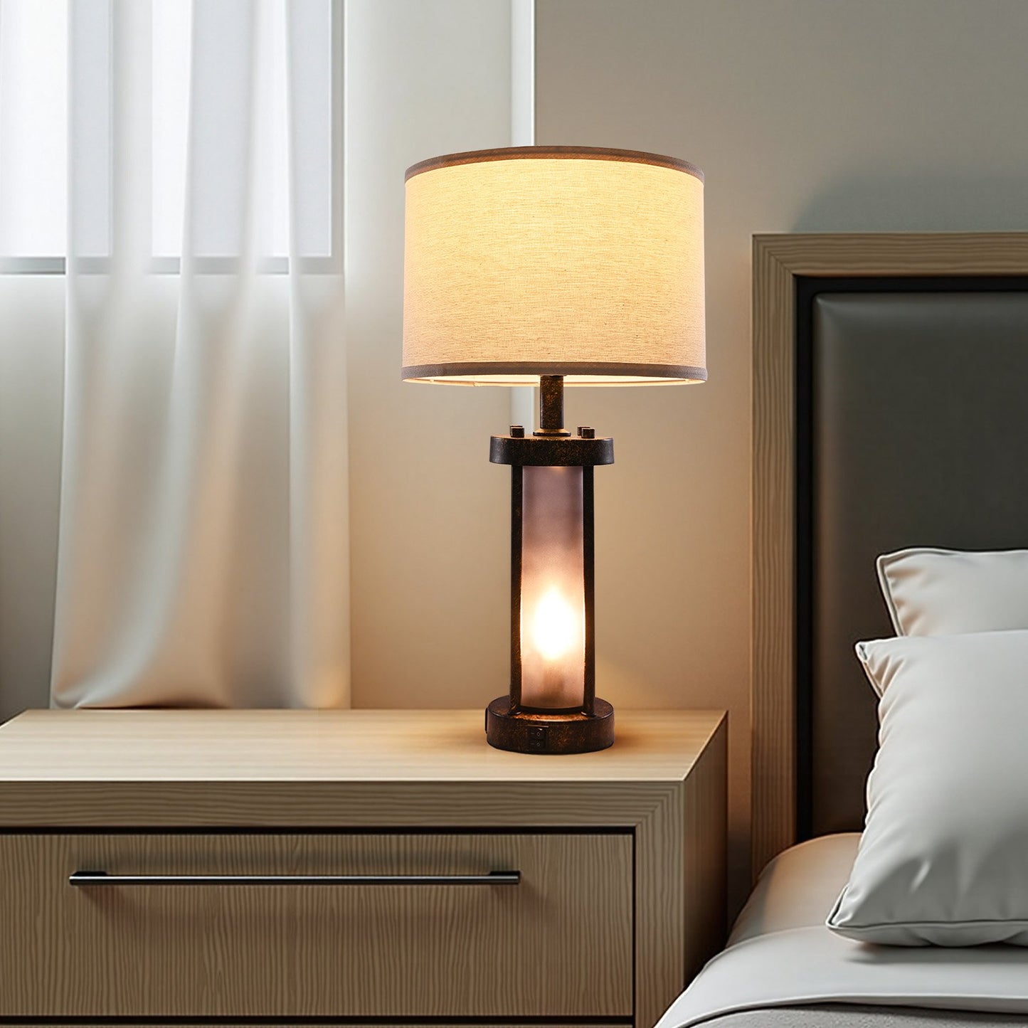 Farmhouse Table Lamps Set of 2 with USB Ports - Bedside Nightstand Lamps